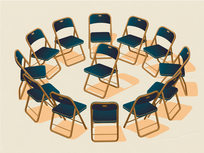 A circle of empty folding chairs