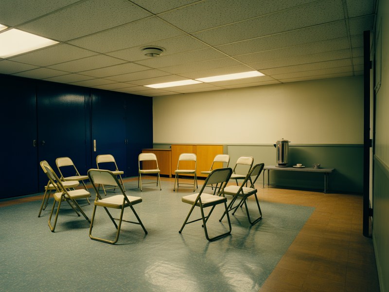 AA meeting room with folding chairs arranged in a circle